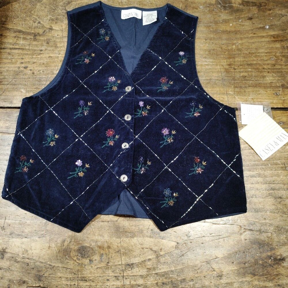 Vintage Casey & Max Vest Medium New Navy Blue Beading Floral 90s NWT Cotton